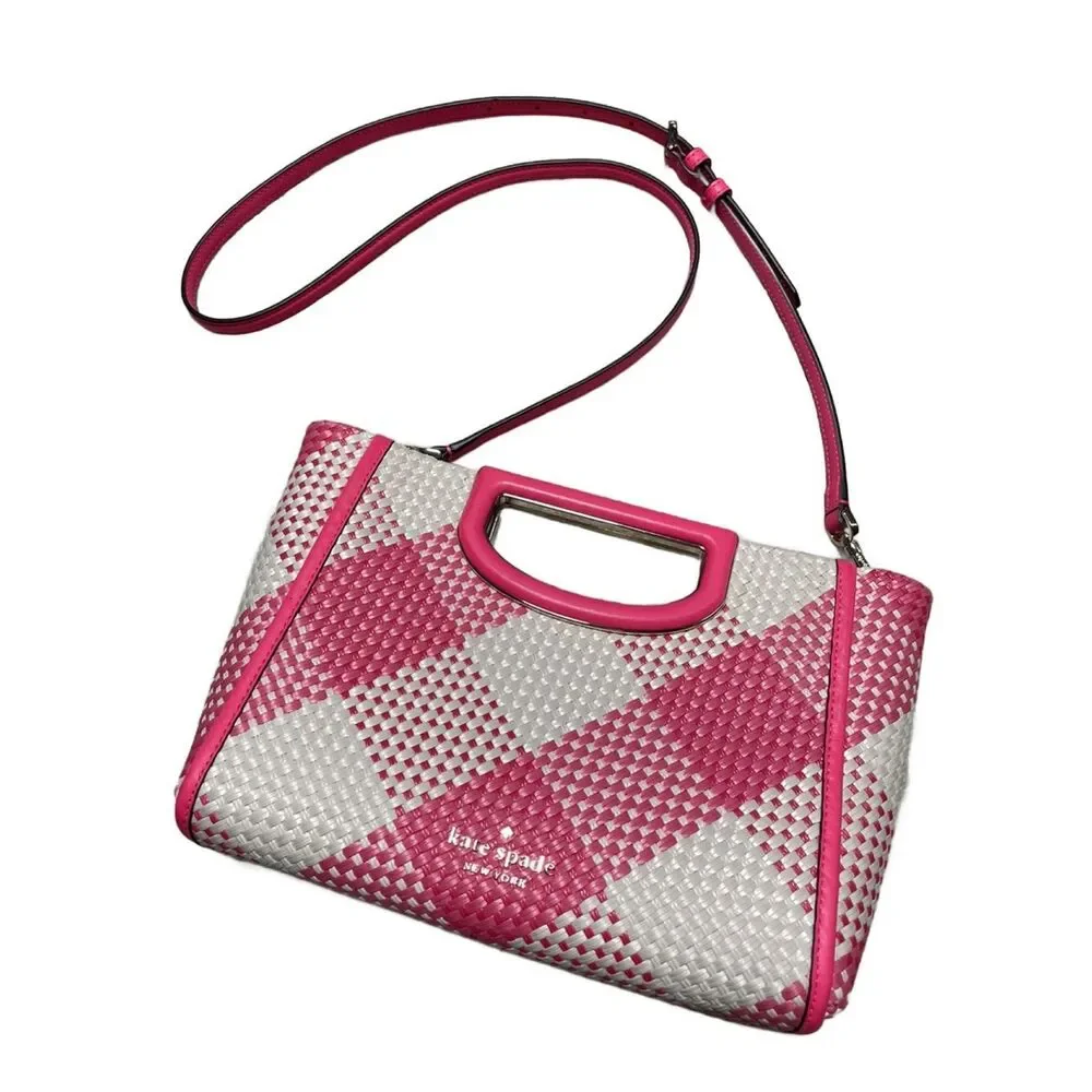 Kate Spade NY Alexia Pink & White Gingham Woven Convertible Crossbody Clutch Bag